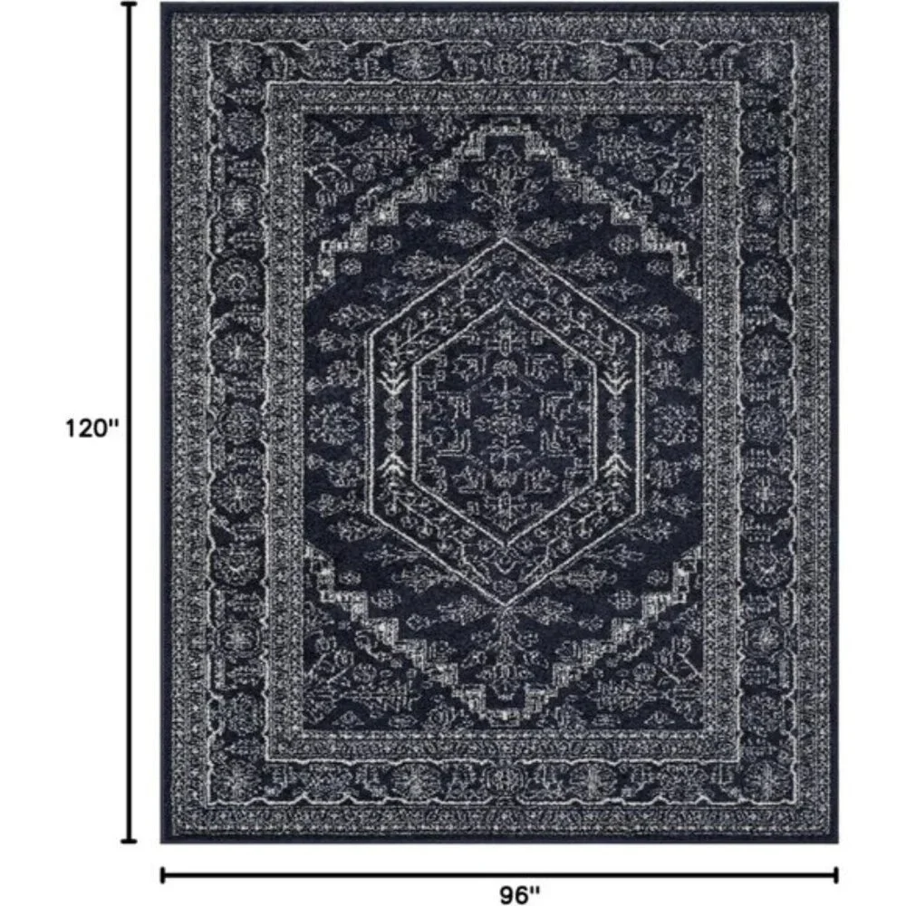 New 8x10 Adirondack Area Rug, Navy Ivory Oriental Medallion, Non-Shedding Carpet